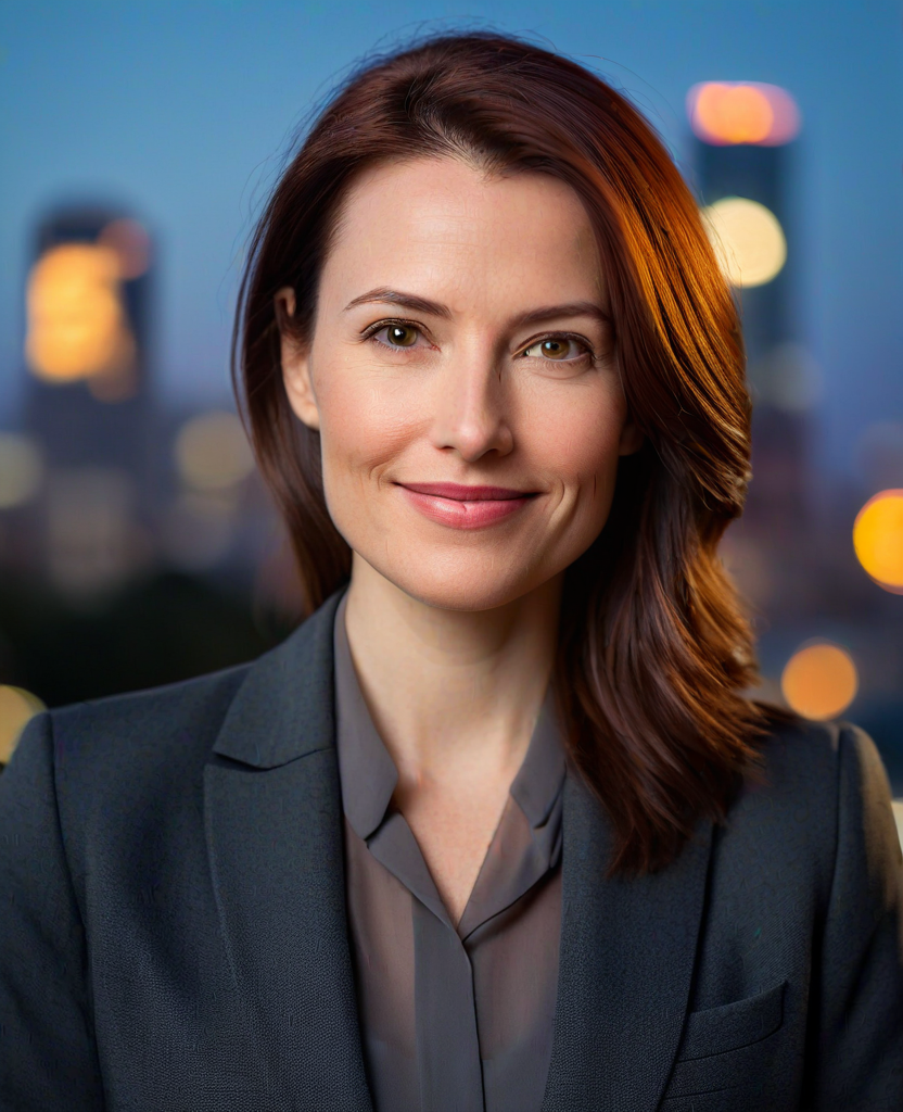 Scarlett, 34 — tailored blazer, knowing smile, office at dusk